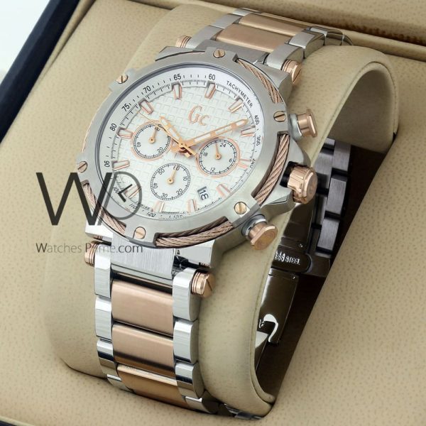 GUESS COLLECTION CHRONOGRAPH white WITH STAINLESS STEEL HALF ROSE GOLD BELT  