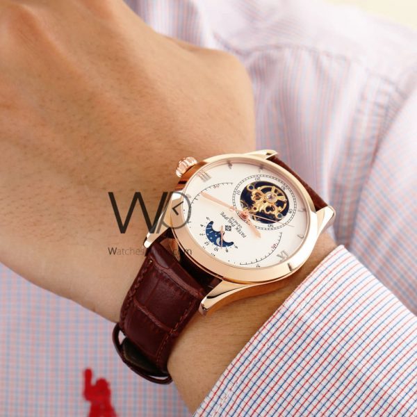 PATEK PHILIPPE WHITE WATCH LEATHER BROWN BELT| Watches Prime