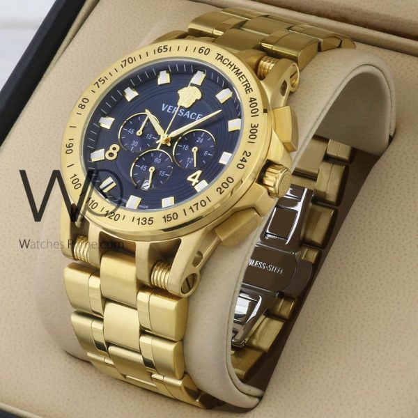 Versace men blue watch WITH STAINLESS STEEL gold BELT  