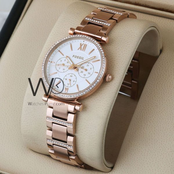 Fossil Watch For Women With White Dial Stainless Steel Belt With Rose Gold Color