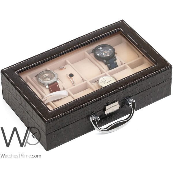 Watch Storage Box 12 Grids Brown Leather | Watches Prime