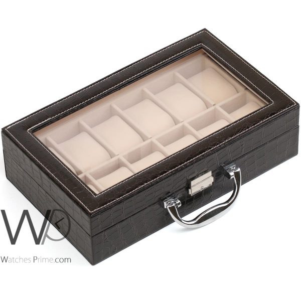 Watch Storage Box 12 Grids Brown Leather | Watches Prime