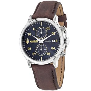 R8871618001 maserati watch quartz chronograph mens blue dial brown leather Epoca