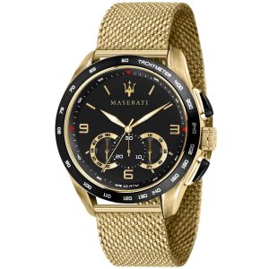 R8873612010 maserati watch quartz chronograph mens black dial gold stainless steel mesh strap metal traguardo