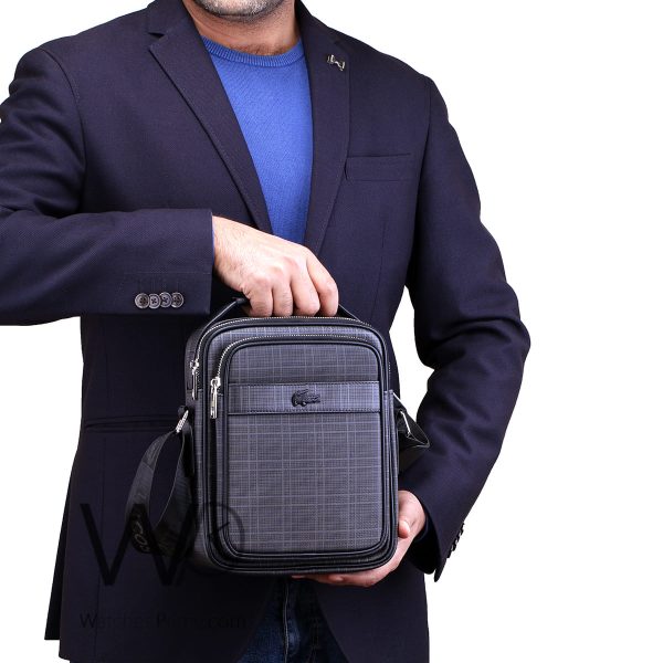 Lacoste black leather shoulder bag for men | Watches Prime