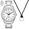 Ax7131set armani exchange watch men white dial stainless steel metal silver strap quartz analog three hand necklace gift set fitz