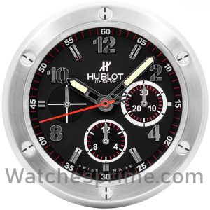 hublot big bang chronograph wall clock black dial silver bezel