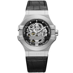 R8821108031 maserati watch men black dial leather strap automatic analog movement three hand potenza