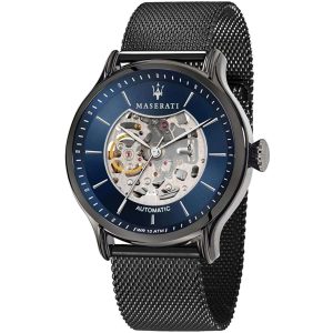 R8823118006 maserati watch men blue dial metal stainless steel black mesh strap automatic analog wr 10 atm three hand epoca