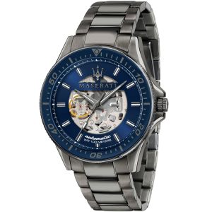R8823140001 maserati watch men blue dial metal stainless steel gray strap automatic analog wr 100 meters three hand sfida
