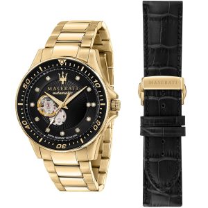 R8823140003 maserati watch men black dial metal stainless steel gold strap automatic analog water resistant 100 meters three hand sfida