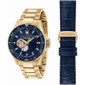 R8823140004 maserati watch men blue dial metal stainless steel gold strap automatic analog water resistant 100 meters three hand sfida