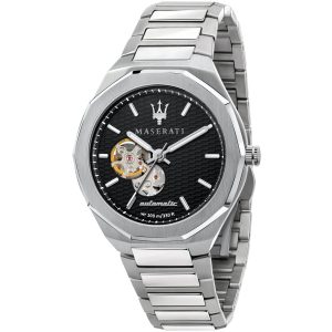 R8823142002 maserati watch men black dial metal stainless steel silver strap automatic analog wr 100m 330 ft three hand stile