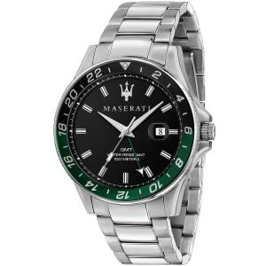 R8853140005 maserati watch men black dial metal stainless steel silver strap quartz battery analog three hand water resistant 100 meters sfida