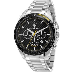 R8873612042 maserati watch men black dial metal stainless steel silver strap quartz battery analog chronograph 330ft 100m traguardo