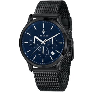 R8873618008 maserati watch men blue dial metal stainless steel gray mesh strap quartz battery analog chronograph epoca