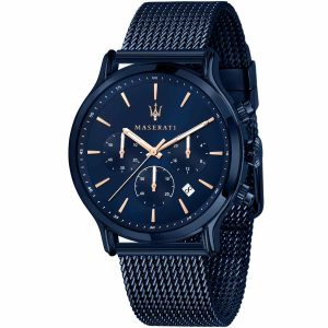 R8873618010 maserati watch men blue dial metal stainless steel mesh strap quartz battery analog chronograph epoca