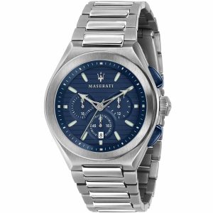R8873639001 maserati watch men blue dial metal stainless steel silver strap quartz battery analog chronograph triconic
