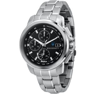 R8873645003 maserati watch men black dial metal stainless steel silver strap quartz battery analog chronograph tachymeter solar successo