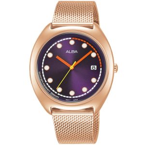 Ag8k42x1 alba watch women purple dial stainless steel metal rose gold mesh strap quartz movt japan analog water resist 5bar three hand fusion active