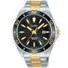 Ag8l19x1 alba watch men black patterned dial stainless steel metal silver gold two tone strap quartz movt japan analog water resist 10bar three hand active
