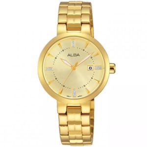 Ah7h98x1 alba watch women gold dial stainless steel metal golden strap quartz movt japan analog three hand fashion