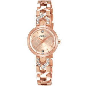 Ah7m40x1 alba watch women rose gold patterned dial stainless steel metal strap quartz movt japan analog diamond three hand fashion