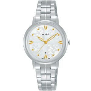 Ah7z05x1 alba watch women silver patterned dial stainless steel metal strap quartz movt japan analog three hand fashion
