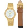 Ah8494x1 alba watch women white mother of pearl dial stainless steel water resist 5bar metal gold mesh strap quartz movt japan analog diamond three hand leather strap gift set fashion