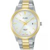 As9m32x1 alba watch men silver white dial stainless steel metal gold two tone strap quartz movt japan analog water resist 5bar three hand standard