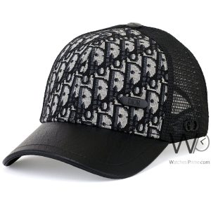 patterned-christian-dior-trucker-hat-black-mesh-leather-snapback-cap