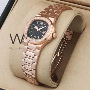 patek philippe nautilus rose gold stainless steel metal strap black dial for lady watch