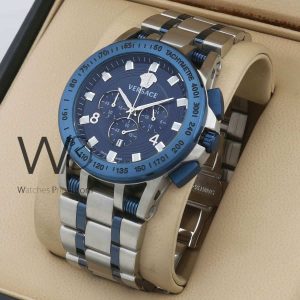 versace silver blue two tone stainless steel strap blue dial chronograph men watch
