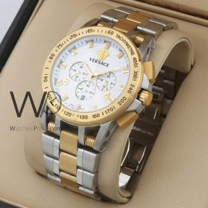 versace silver gold two tone stainless steel strap white dial chronograph men watch