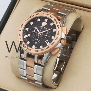 versace silver rose gold two tone stainless steel strap black dial chronograph men watch