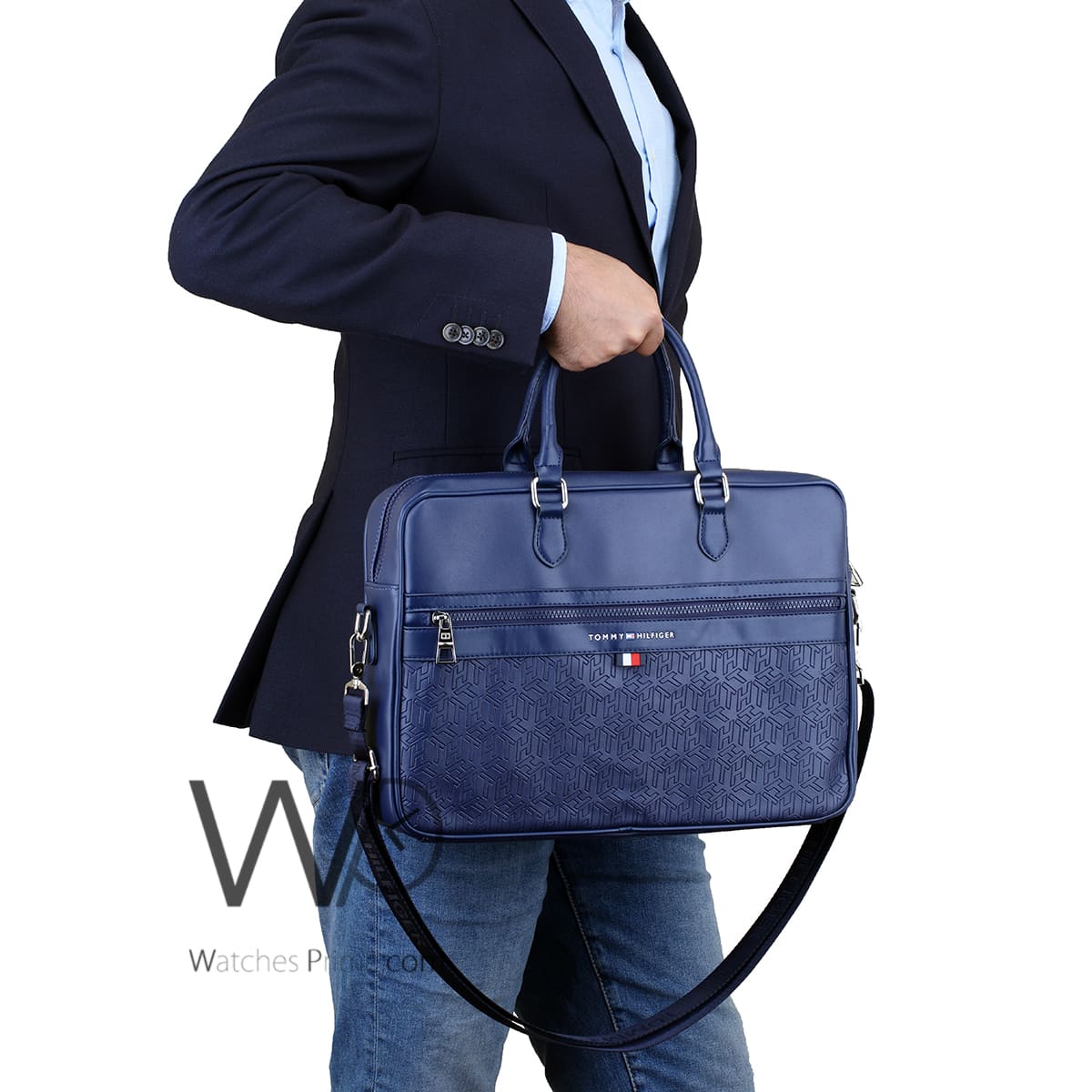 Tommy Hilfiger Laptop Blue Bag Leather Men | Watches Prime