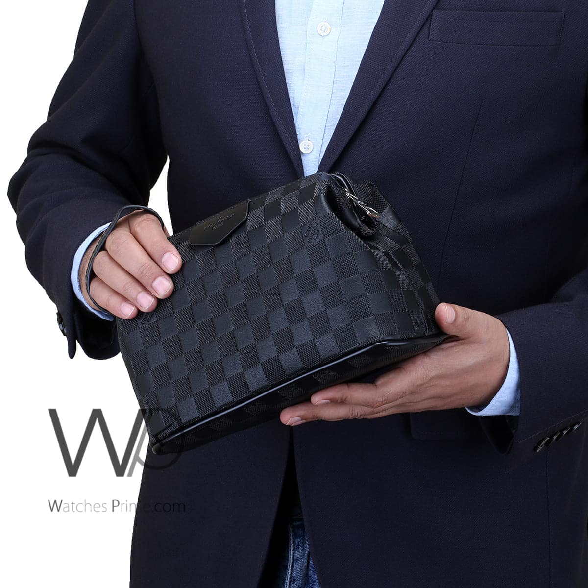 Louis Vuitton Black Leather Handbag Wash Bag Men Patterned LV