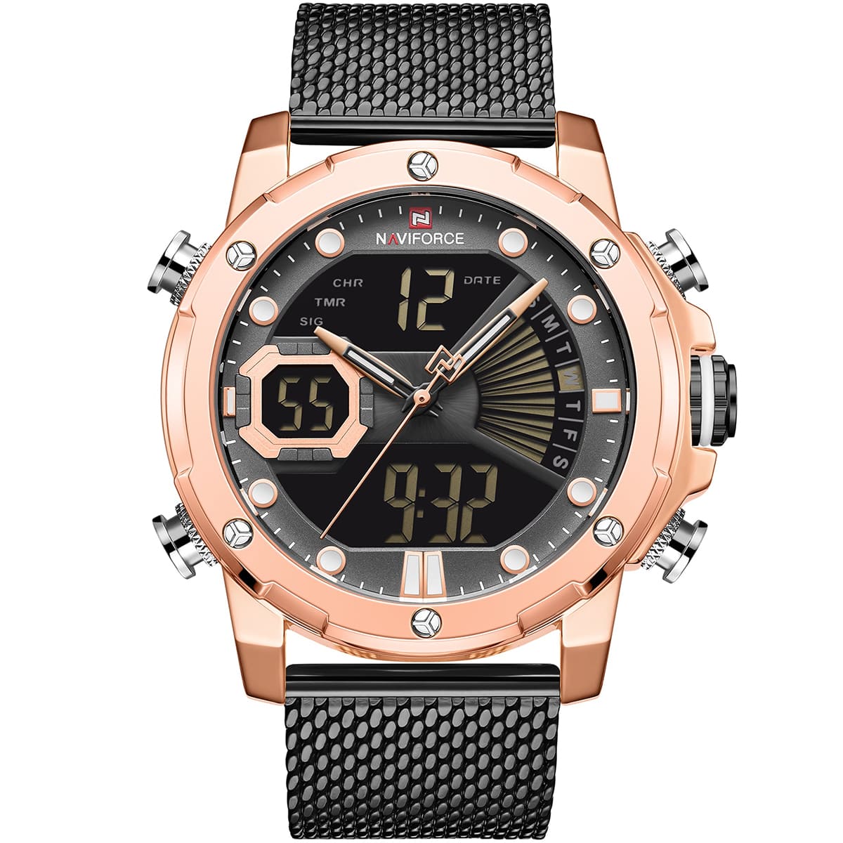 Relógio Masculino Naviforce NF9172 - Pulseira Couro Preto E Cinza | Digital