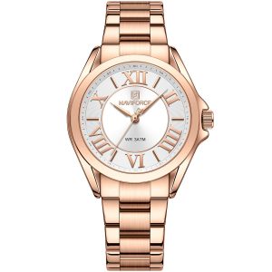 Nf5037 rg w naviforce watch women white dial stainless steel metal rose gold strap quartz battery analog three hand for dream