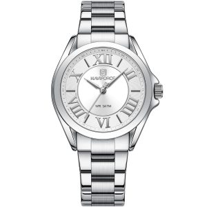 Nf5037 s w naviforce watch women white dial stainless steel metal silver strap quartz battery analog three hand for dream