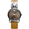 Ar0791 emporio armani watch women silver dial leather brown strap quartz battery analog