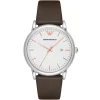 Ar11103 emporio armani watch men white dial leather brown strap quartz battery analog