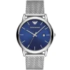 Ar11230 emporio armani watch men blue dial mesh stainless steel metal silver strap quartz battery analog luigi