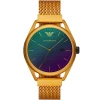 Ar11327 emporio armani watch men purple dial mesh stainless steel metal yellow strap quartz battery analog matteo