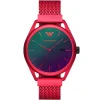 Ar11329 emporio armani watch men purple dial mesh stainless steel metal red strap quartz battery analog matteo