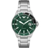 Ar11338 emporio armani watch 100 meters men green dial stainless steel metal silver strap quartz battery analog diver