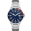 Ar11339 emporio armani watch 100 meters men blue dial stainless steel metal silver strap quartz battery analog diver