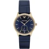 Ar1848 emporio armani watch men blue dial leather strap quartz battery analog alpha medium