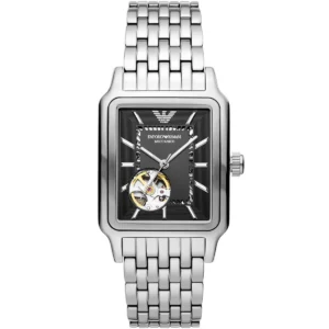 Ar60057 emporio armani watch square meccanico men black dial stainless steel metal silver strap automatic analog