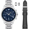 Art9002 emporio armani smart watch touch screen men blue dial stainless steel metal silver strap rechargeable lithum battery digital analog alberto